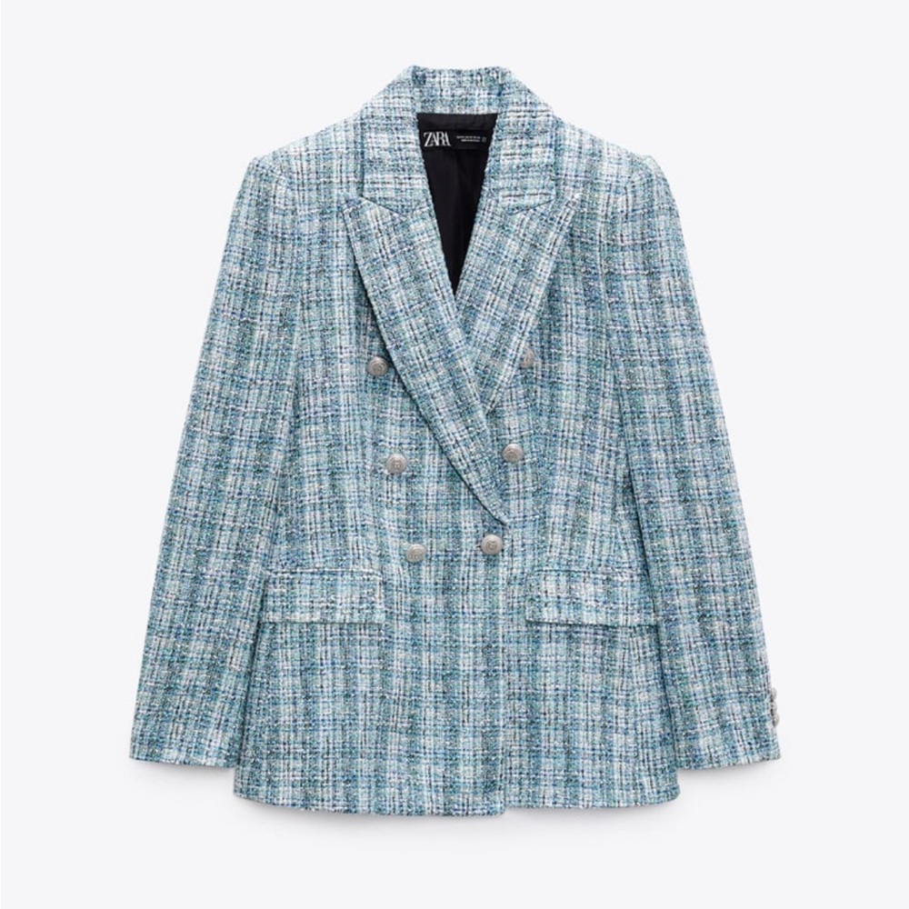 Zara Blue Tweed Double-Breasted Blazer
